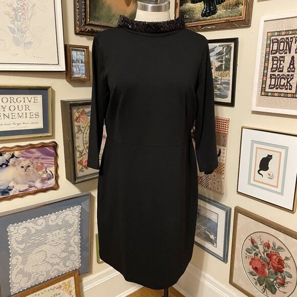 NWT Talbots Knee-Length Black Dress With Sequin Collar 3/4 Sleeve Size 16P - Picture 1 of 7